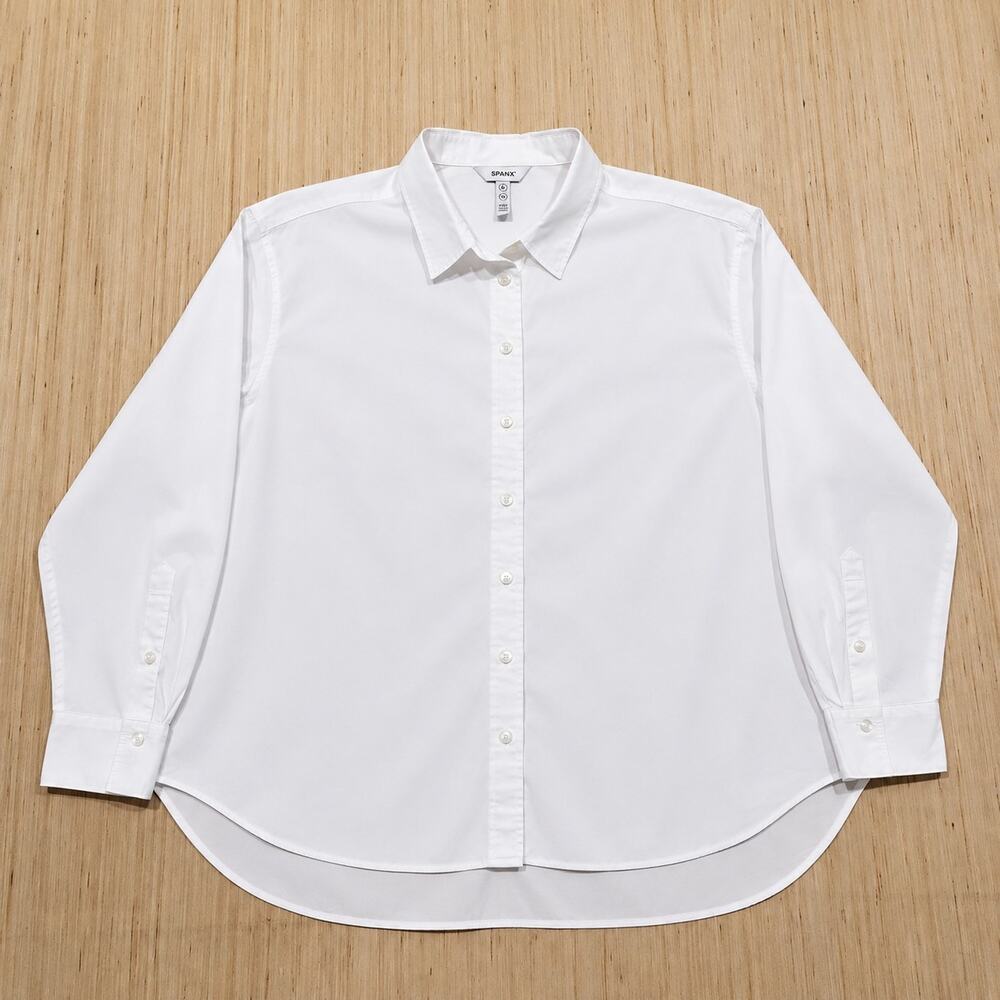 SPANX White Button Up Shirt Women’s XL 100% Cotton Long Sleeve Oversized Tunic